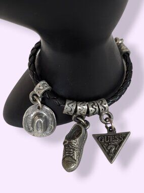 Guess Black Braided Leather Charm Bracelet